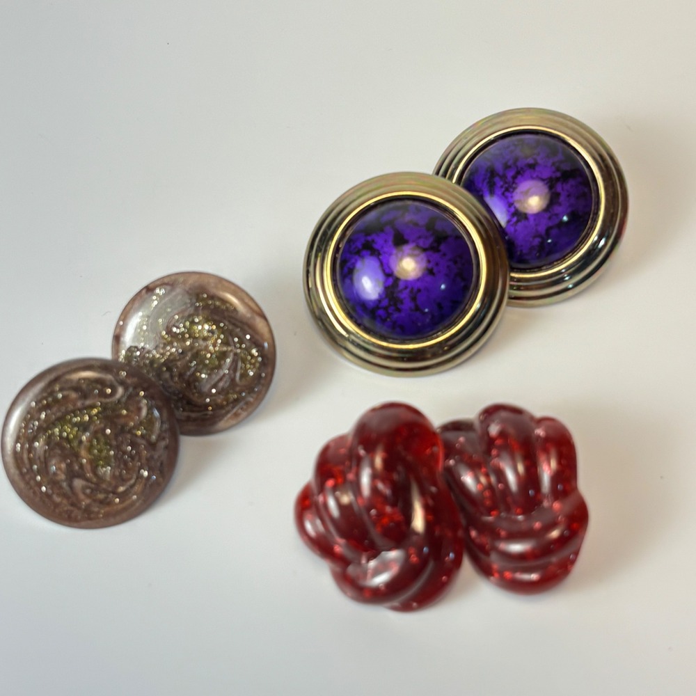 Vintage Earrings Set Purple Red Gold Statement Molded Acrylic Weird Eccentric